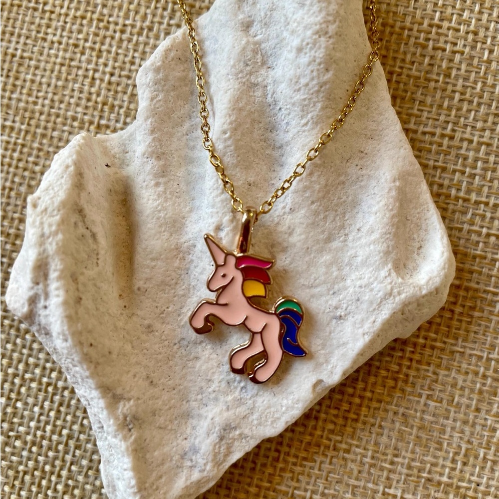 Pink Pink Unicorn Pendant Necklace with Rainbow Mane - Gold Stainless SteelChain
